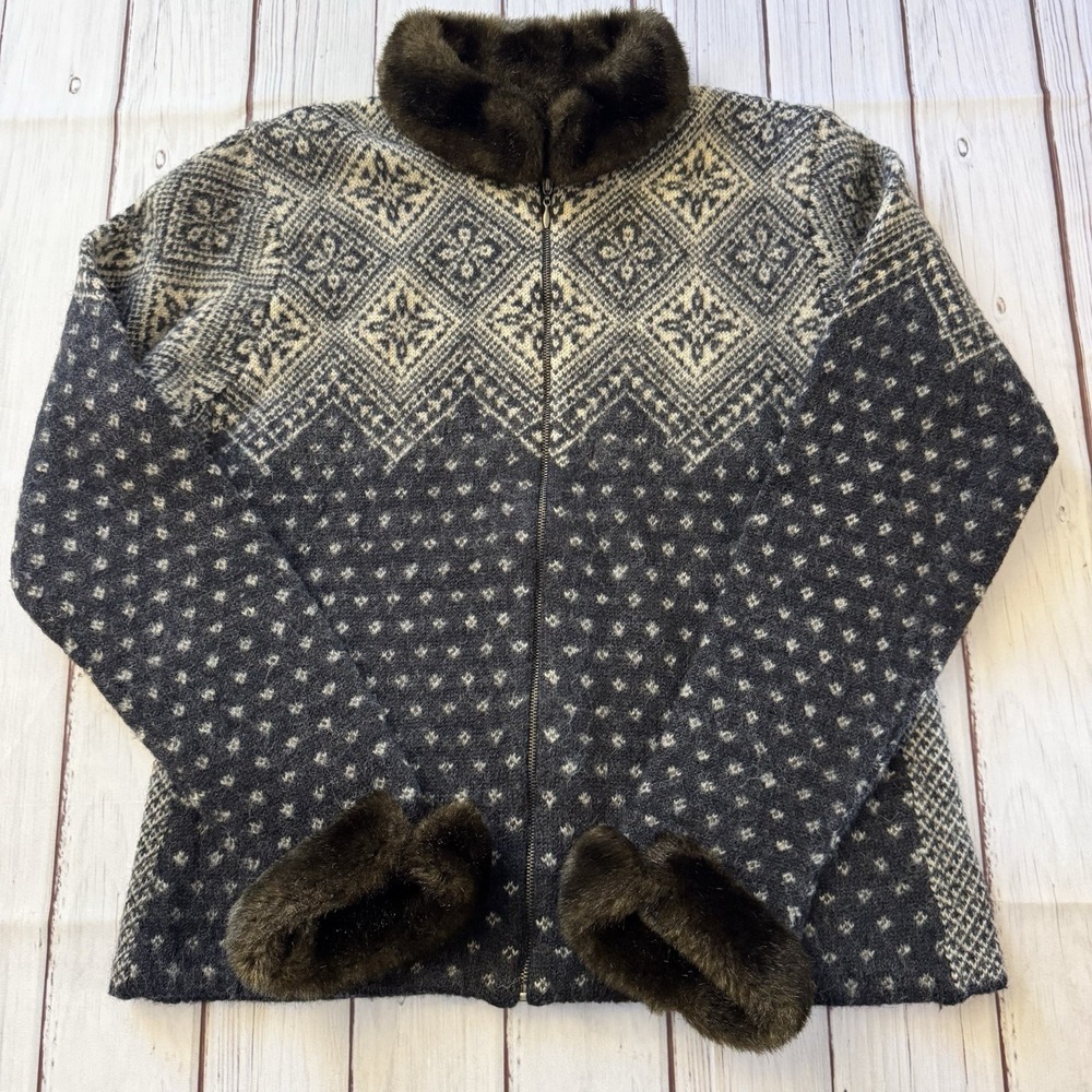 Lauren Ralph Lauren Fair Isle Wool Sweater Jacket Faux Fur‎ Trim Medium Women's